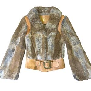 Mackage Rabbit Fur & Leather Jacket Coat Bell Sleeve w/ Belt Size XS Women's